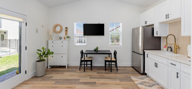 Interior of a casita (ADU) kitchen and living space